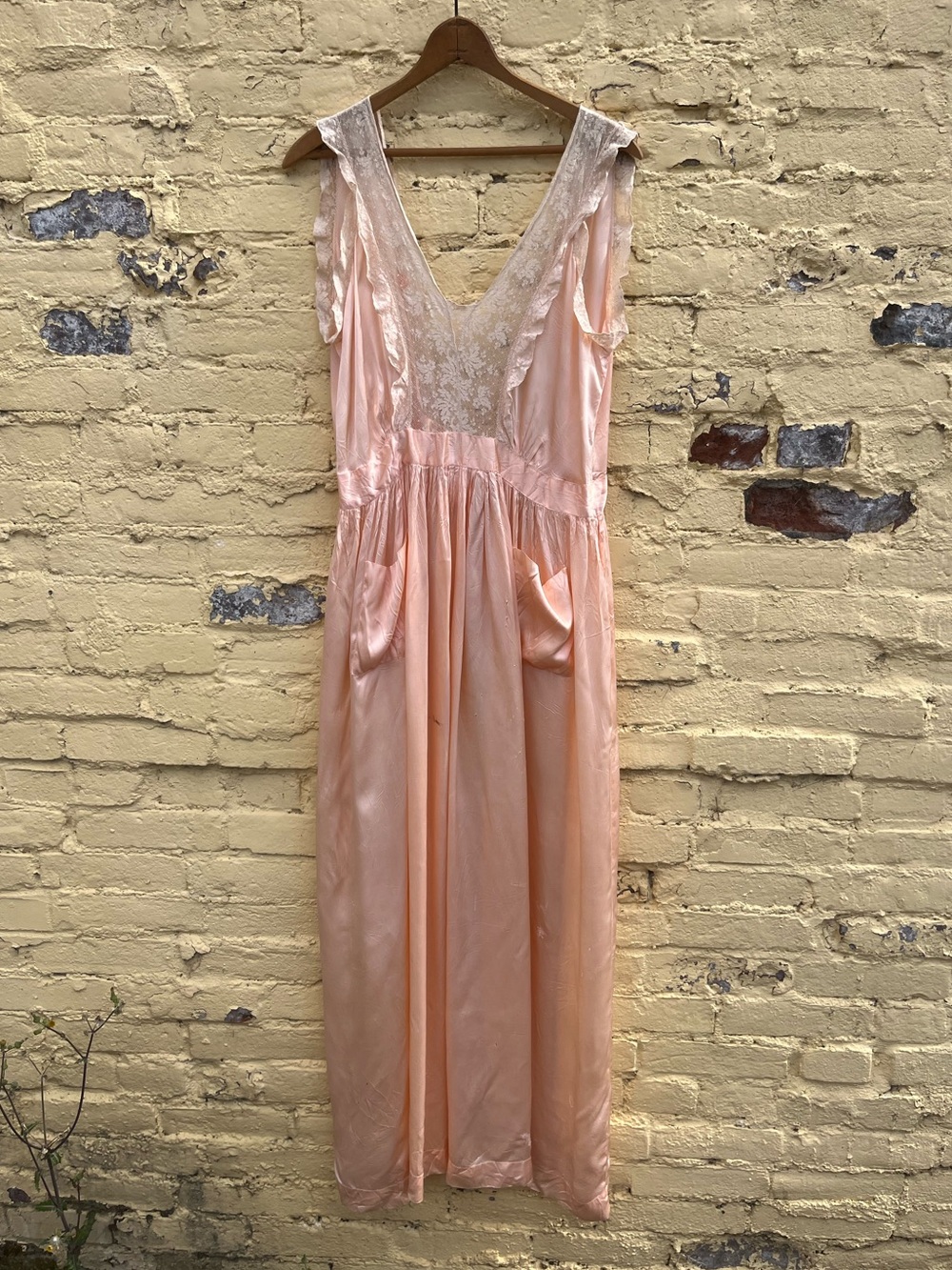 40s Antique Art Deco Rayon Peach Pink Vintage Maxi Lingerie Slip Dress As Is M